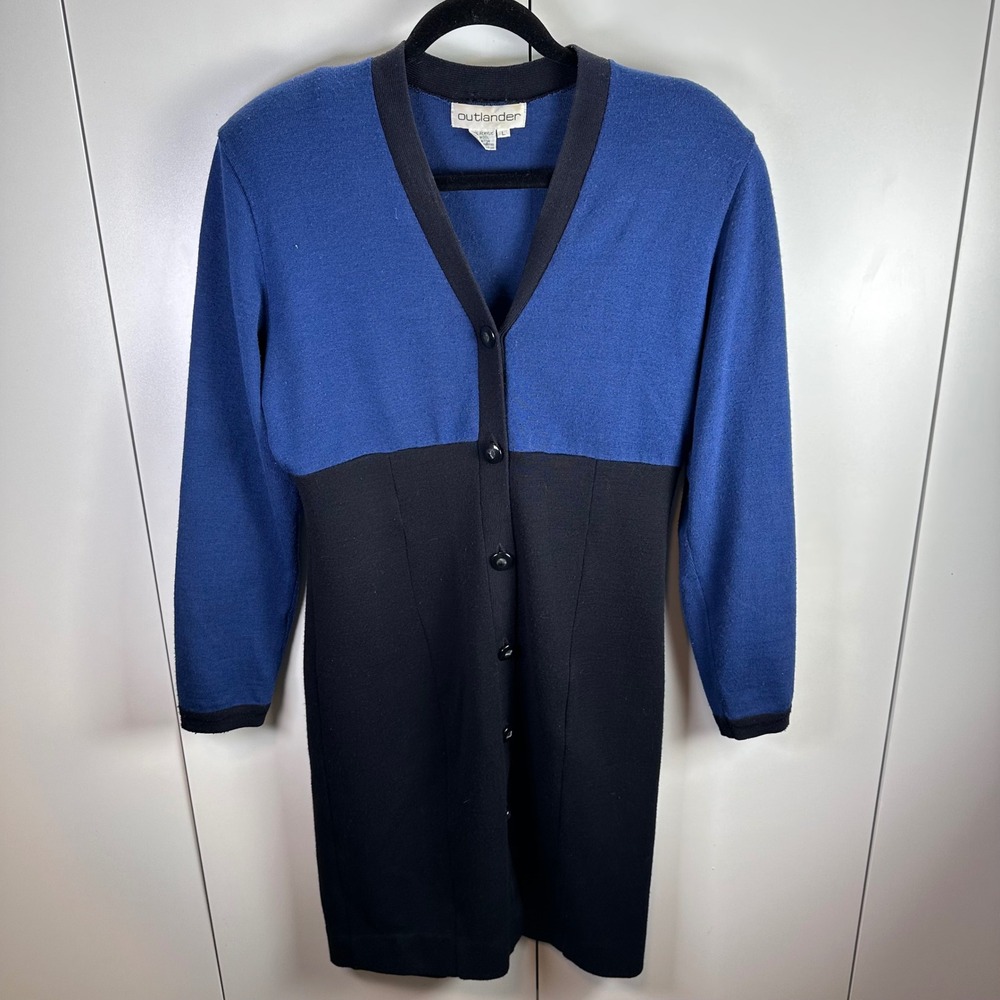 VTG Outlander Womens Lg Blue Black V Neck Button Up Sweater Dress Wool Blend